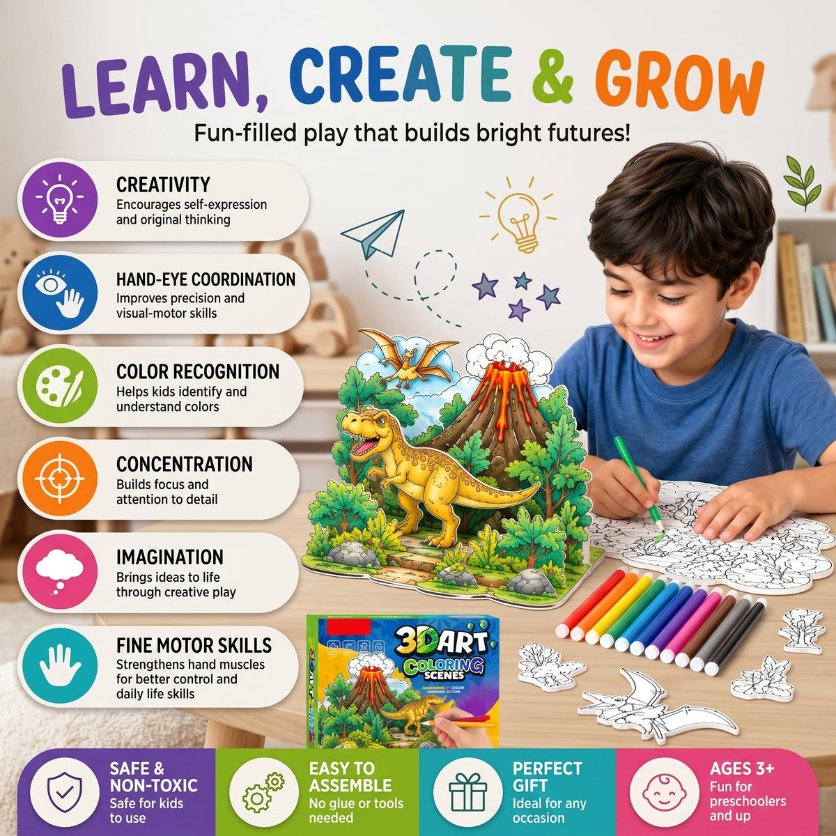 3D Pop-Up Coloring Book for Kids with Watercolour Pens